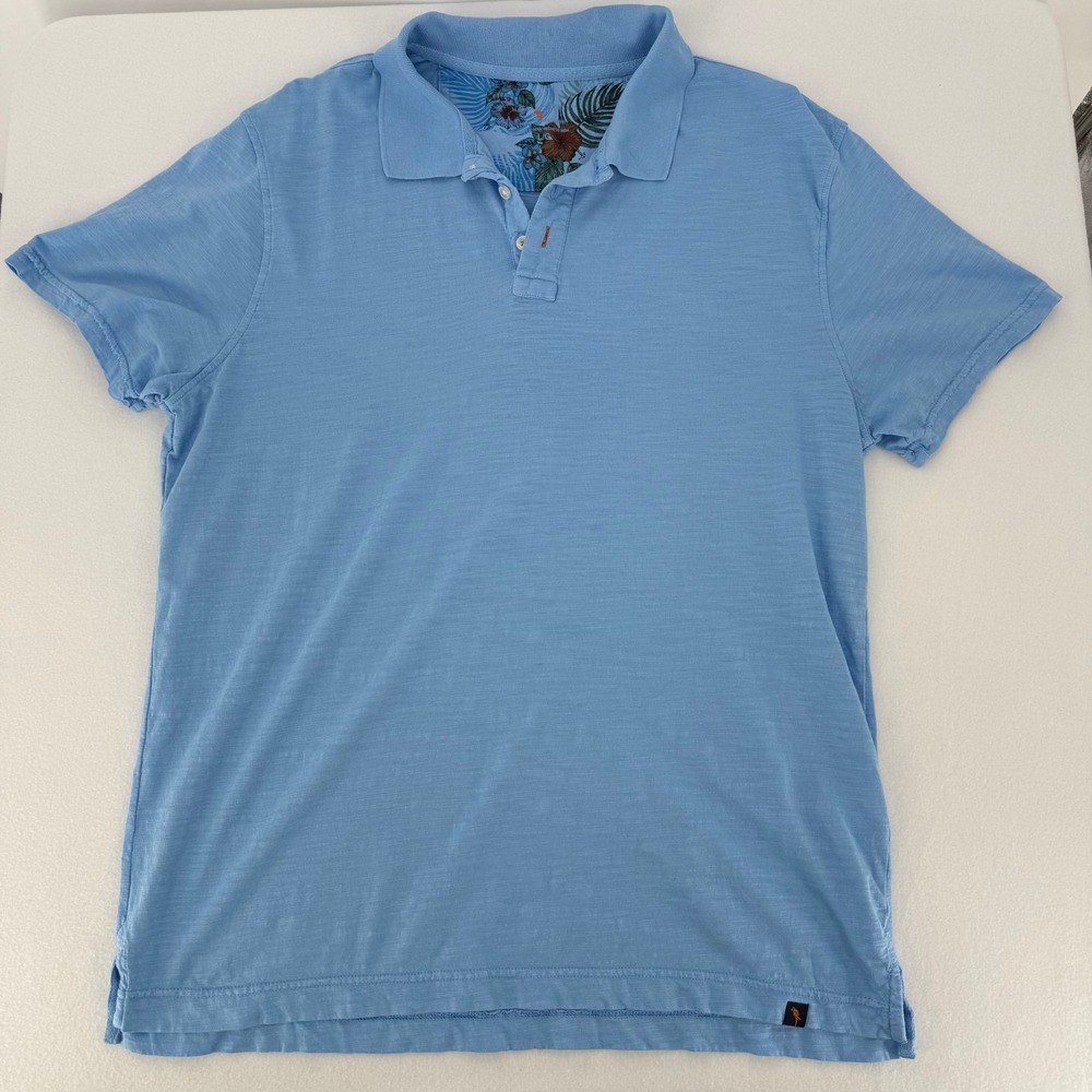 Margaritaville Polo Shirt Mens Large‎ Blue Slub Knit Tropical Trim Short Sleeve